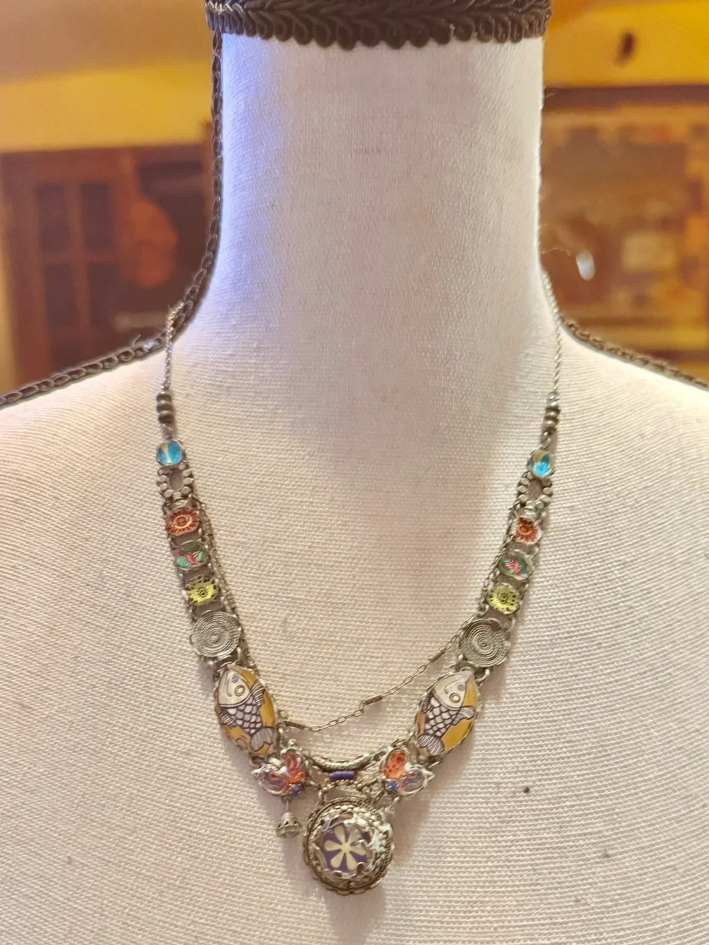 Vintage. This Unique Handcrafted Silver-Tone Multicolor Koi Fish Pendant. - Picture 2 of 10